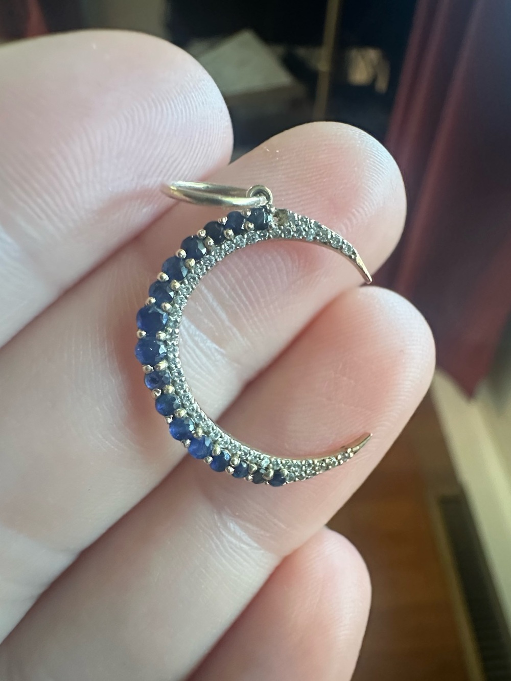 Solid 14k Gold Sapphire and Diamond Crescent Moon Pendant